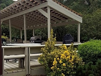a wooden pavilion with a table and benches